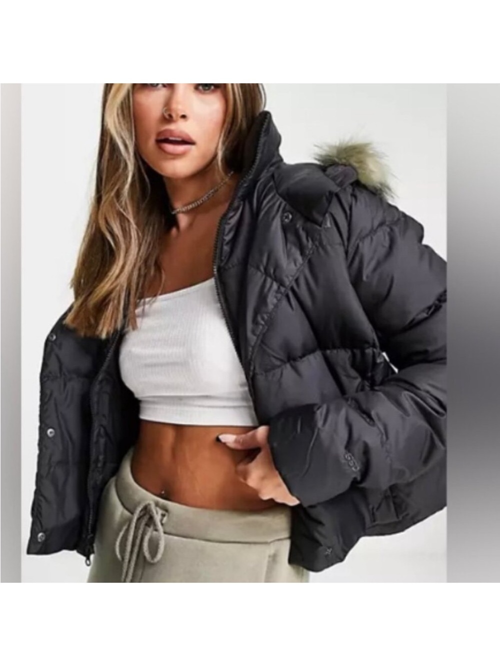 The North Face Dealio Black Cropped Puffer Jacket with Fur-Trim Hood